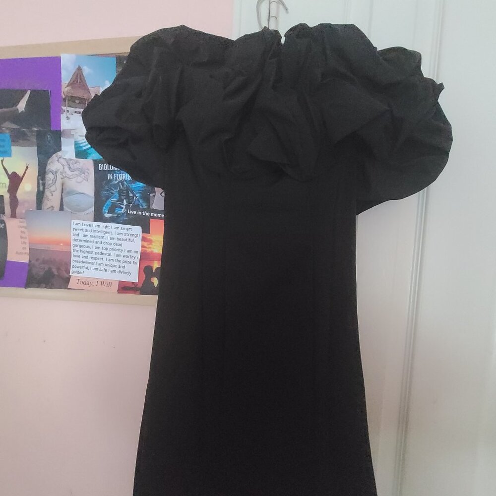 Black ruffled off shoulder dress